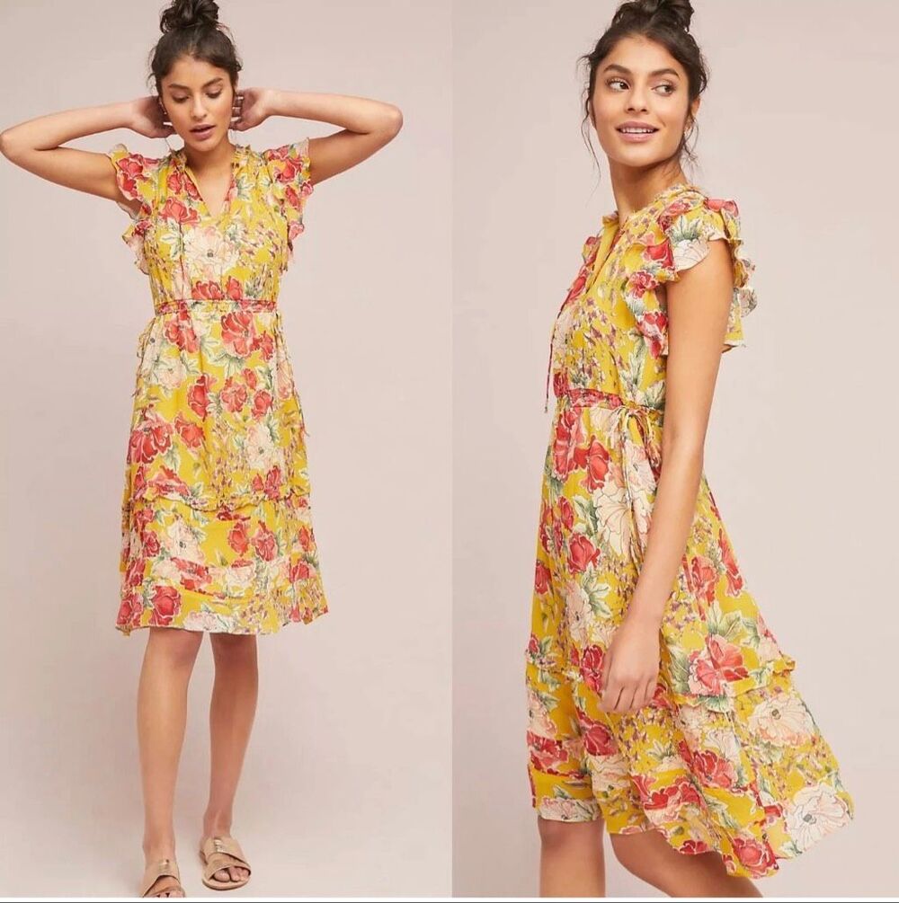 Anthropologie Ellory by Dolan Left Coast Women's Yellow Floral Silk Ruffle Dress